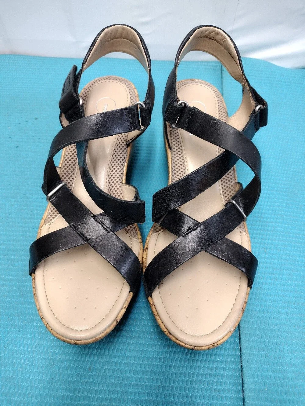Easy Spirit Strappy Wedge Leather Sandals Black Size 9